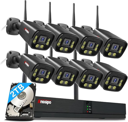 4K Wireless Security Camera System, 8pcs Plug-in WiFi Camera Outdoor Indoor, Dual Warning, 2 Way Audio, Color Night Vision, Person/Face Detection, 8CH WiFi Surveillance NVR, 2TB Hard Drive