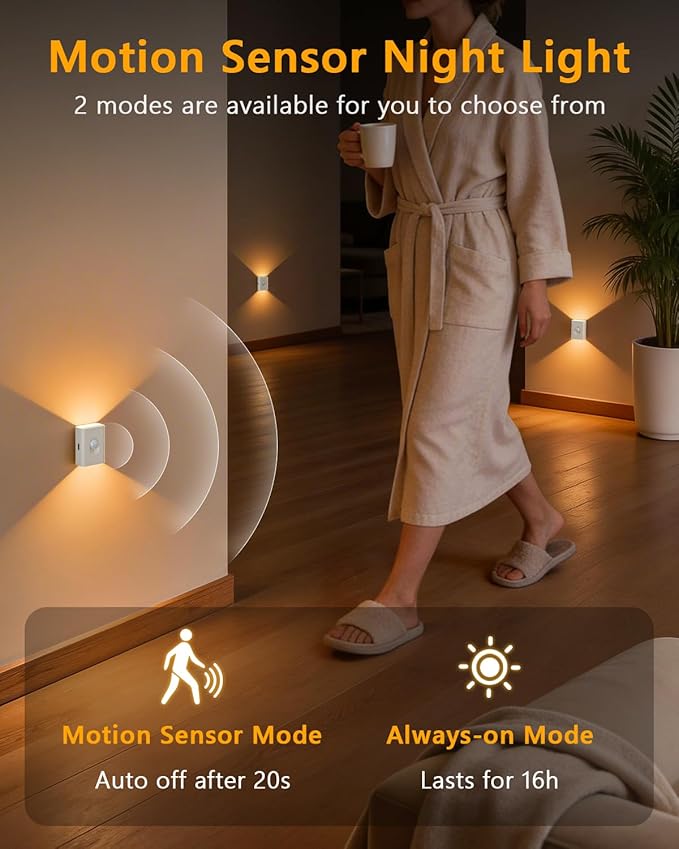 WILLED Rechargeable Motion Sensor Stair Lights Indoor, Warm White Magnetic Stick-on Battery Powered Night Lights for Stairway, Hallway, Bedroom, Closet, 6 Pack