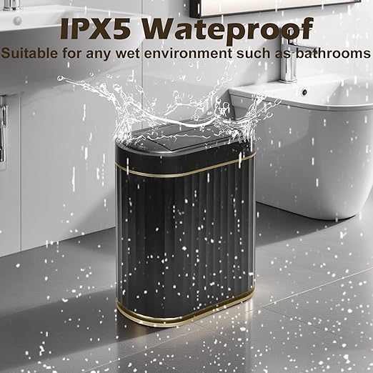 SYNCVIBE Bathroom Trash Can with Lid Butterfly 2 Gallon Sensor Trash can, IPX5 Waterproof Garbage Can, Automatic Slim Trash Bin, Under-Counter Wastebasket Bathroom Decor for Kitchen, Black Gold