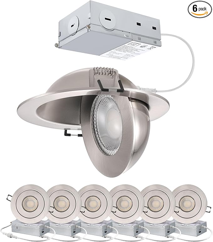 POPANU 4-inch Gimbal LED Recessed - 4 in Lighting 6Pack Canless Brushed Nickel Trim 90° Tilt Swivel LED Eyeball Wafer Slope Ceiling Adjustable Spotlight Dimmable Brushed Nickel 4 inch 6 Pack