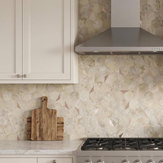 20 Sheets Hexagon Peel and Stick Backsplash for Kitchen Wall, Heat Resistant Stick on Backsplash PVC Smart Tiles, 12'' Ecru Beige Stone Waterproof Peel and Stick Tile for Bathroom