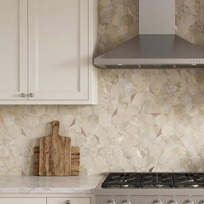 20 Sheets Hexagon Peel and Stick Backsplash for Kitchen Wall, Heat Resistant Stick on Backsplash PVC Smart Tiles, 12'' Ecru Beige Stone Waterproof Peel and Stick Tile for Bathroom