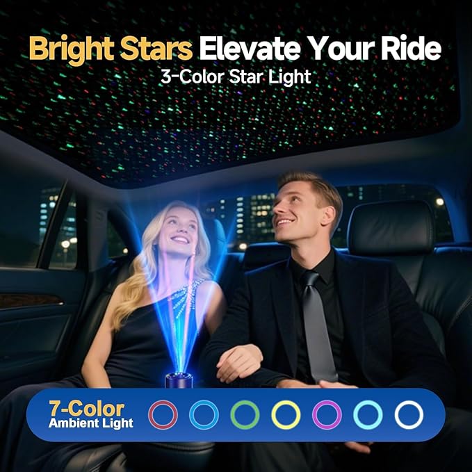 Smart Car Air Freshener with Star Light & 200ml Diffusers Oil Refills, Auto On/Off Aroma Diffuser, 3 Adjustable Mist Modes Aromatizante para Carro - Starlight Headliner Kit（Cologne*2+Ocean*2）