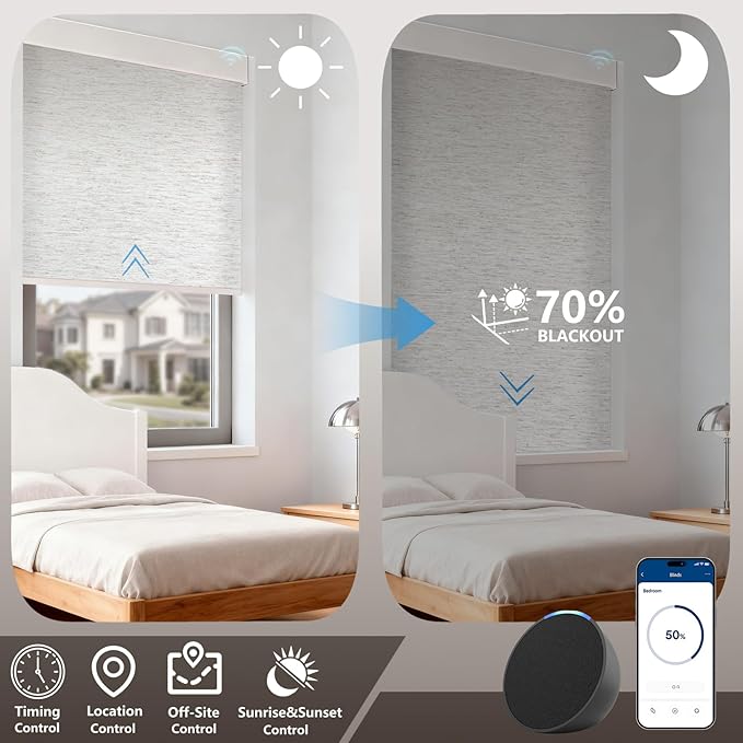 Motorized Light Filtering Roller Shades – Smart Electric Blinds for Living Room, Alexa Google Home Siri, Matter Compatible, Custom Window Shades, Cordless Rechargeable