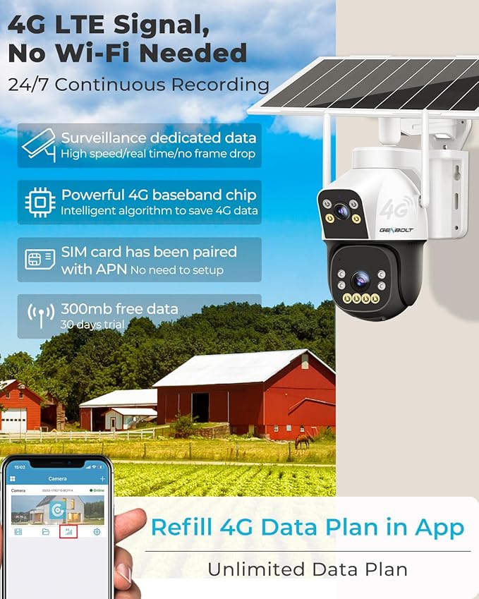 GENBOLT 4G AOV Cellular Solar Security Camera Outdoor Wireless, 7/24 Recording 3MP+3MP No WiFi IP Surveillance Camera with Sim Card, 8W 15600mAh Battery Operated LTE Camera CCTV
