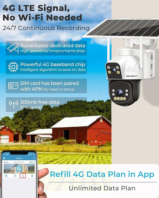 GENBOLT 4G AOV Cellular Solar Security Camera Outdoor Wireless, 7/24 Recording 3MP+3MP No WiFi IP Surveillance Camera with Sim Card, 8W 15600mAh Battery Operated LTE Camera CCTV