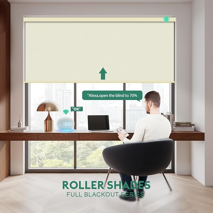 Motorized Blinds with Remote [100% Blackout & Silent Motor] Smart Blinds Compatible with Alexa Google HomeKit, Electric Roller Shades for Indoor Windows, Customized Size, Linear Wheat Gold