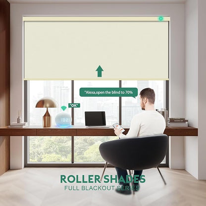 Motorized Blinds with Remote [100% Blackout & Silent Motor] Smart Blinds Compatible with Alexa Google HomeKit, Electric Roller Shades for Indoor Windows, Customized Size, Linear Wheat Gold