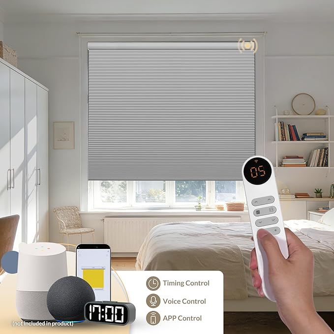 Boolegon No Drill Motorized Cellular Blinds with Remote Motorized Blackout Honeycomb Blinds for Indoor Windows Easy to Install Automatic Cellular Shades for Home,Blackout White,Custom Size