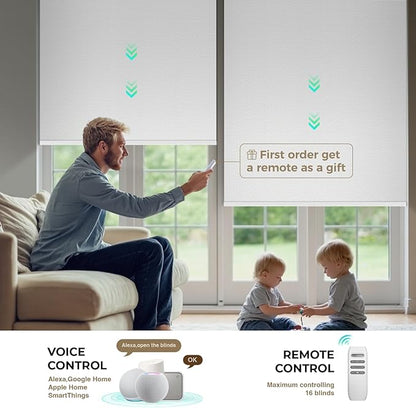 HeyBlinds Motorized Blinds with Remote, 100% Blackout Smart Blinds, Automatic Shades for Windows Compatible with Alexa Google and Homekit, Custom Size(Photo Film-White BO)