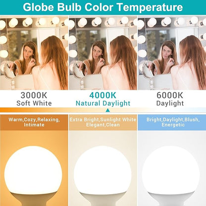 G25 LED Bathroom Light Bulbs, E26 Base 4000K Natural Daylight Vanity Mirror Light Globe Bulbs Uniform Lighting, High CRI Makeup Mirror Light Bulbs Not-Dimmable 4 Pack