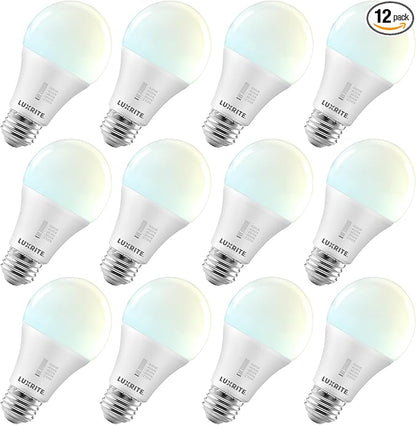 LUXRITE A19 LED Light Bulb 100 Watt Equivalent, CRI90, 5CCT Selectable 2700K 3000K 3500K 4000K 5000K, Dimmable, 1600LM, Standard LED Light Bulbs 15W, E26 Medium Base, ETL - Indoor Outdoor (12 Pack)