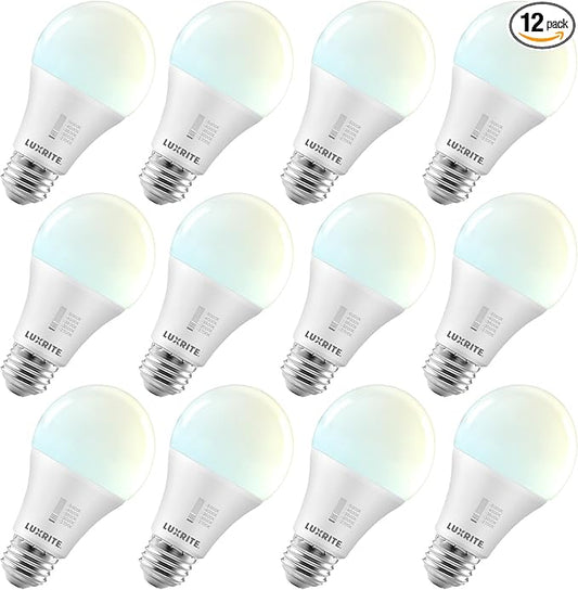 LUXRITE A19 LED Light Bulb 100 Watt Equivalent, CRI90, 5CCT Selectable 2700K 3000K 3500K 4000K 5000K, Dimmable, 1600LM, Standard LED Light Bulbs 15W, E26 Medium Base, ETL - Indoor Outdoor (12 Pack)