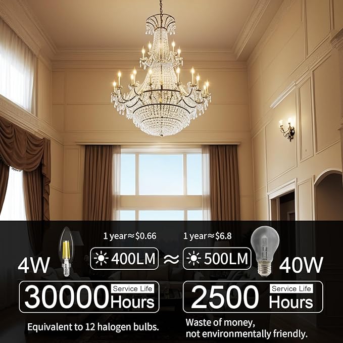 comzler E12 LED Candelabra Bulb Dimmable, 3000K Soft White Light 40W Equivalent Chandelier Light Bulbs, C35 B11 Type B 400LM Ceiling Fan Bulbs, Edison Filament Candle Bulbs Candle Lights, 6 Packs