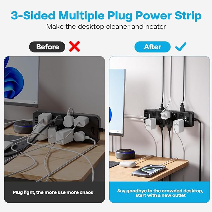 20AC Power Strip with USB Ports, Heavy Duty Surge Protector Power Strip 15 Amp, 6Ft Extension Cord with Multiple Outlets (Black, 6.5FT)