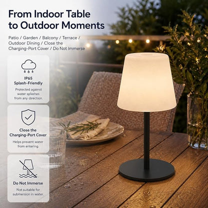 IP65 Waterproof Shower Lamp, Cordless Rechargeable Table Lamp, Black | 4000mAh Battery Operated Lamp, Spa-Like Glow for Showers, Vanity, Bedside and Patios; 3 Color Temperatures, Touch Dimming