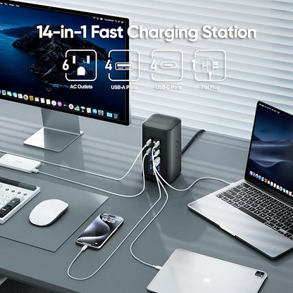 TenTrend Power Strip Tower (230W), 14-in-1 USB-C Charging Station Tower with 2000J Surge Protection, 10FT Extension Cord with 6 AC Outlets & 8 USB Ports for Home Office Dorm Essentials