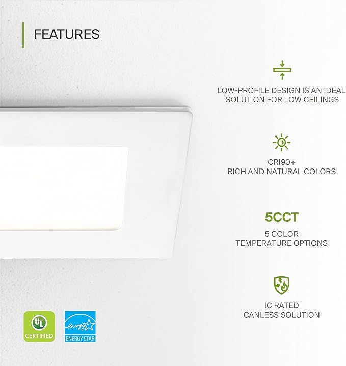ASD 24 Pack LED Square Recessed Lighting 3 Inch, 5 CCT 2700K-5000K CRI90+, 6W 30W Eqv, Ultra Thin Dimmable Ceiling Lights with J Box, Canless Wafer Downlight, Slim Panel Light, UL Energy Star, White