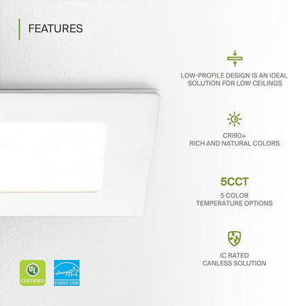 ASD 24 Pack LED Square Recessed Lighting 3 Inch, 5 CCT 2700K-5000K CRI90+, 6W 30W Eqv, Ultra Thin Dimmable Ceiling Lights with J Box, Canless Wafer Downlight, Slim Panel Light, UL Energy Star, White