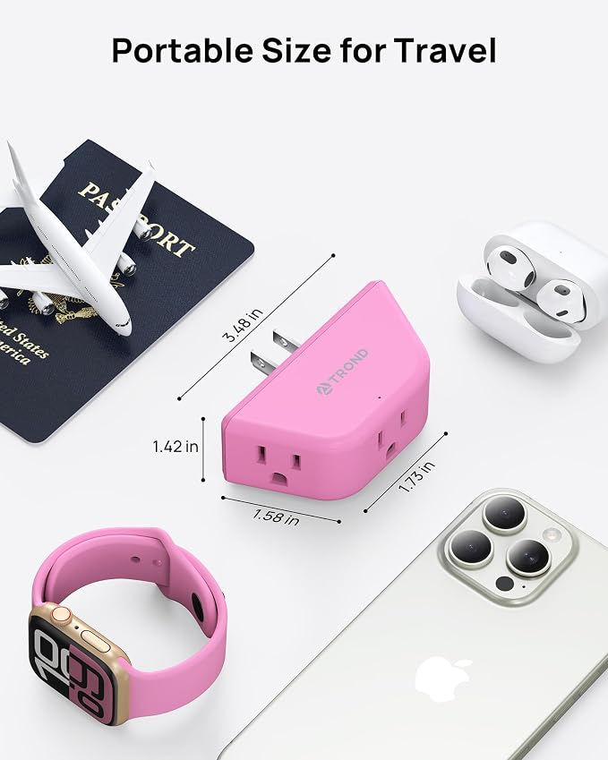 TROND Pink Outlet Extender with 3-Prong Grounded Sockets, for Tight Spaces | 3 Way Angled Plug Splitter, Compact and Practical Multiple Wall Expander for Home Travel Cruise Essentials
