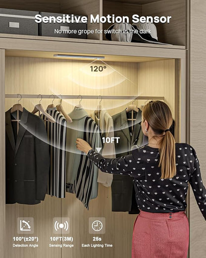 12inch Under Cabinet Lighting with Remote, 2500mAh Rechargeable Motion Sensor Light Indoor, LED Closet Lights with Timer, Dimmable, Magnetic, 3 Color Temps Wireless for Kitchen, Pantry, Stair, 4 Pack
