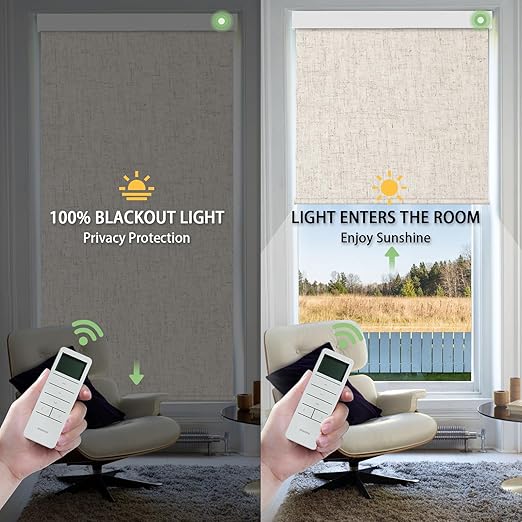 Motorized Blinds with Remote Control, 100% Blackout Cordless Wireless Electric Window Roller Shade Matter Motor Over Thread Compatible with Alexa/Google Home/Homekit (Linen Beige)