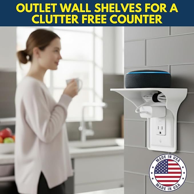 Power Perch Outlet Shelf Organizer for Alexa Echo Dot, HomePod Mini Speakers, Phone - Wall Outlet Holder with Cord Storage Strap - Socket Shelf Bathroom Kitchen Counter Charging Station - White 2 Pack