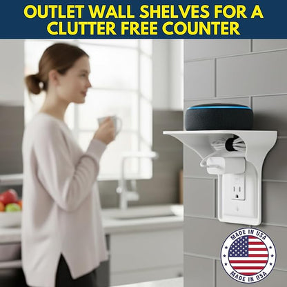 Power Perch Outlet Shelf Organizer for Alexa Echo Dot, HomePod Mini Speakers, Phone - Wall Outlet Holder with Cord Storage Strap - Socket Shelf Bathroom Kitchen Counter Charging Station - White 2 Pack
