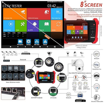 Rsrteng CCTV Tester 8K 32MP 12MP IP Camera Test POE++ Max 90W POE Camera Tester 4K 8MP TVI/CVI/AHD/SDI/CVBS WiFi Network Tools Cable Test Distance Meter 2CH SFP Port HD VGA DC Power Output