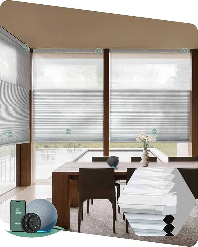 Yoolax Smart Motorized Day and Night Cellular Shades with Remote, Top Down Bottom Up Blinds Compatible with Alexa, Blackout and Light Filtering Honeycomb Blinds (White)