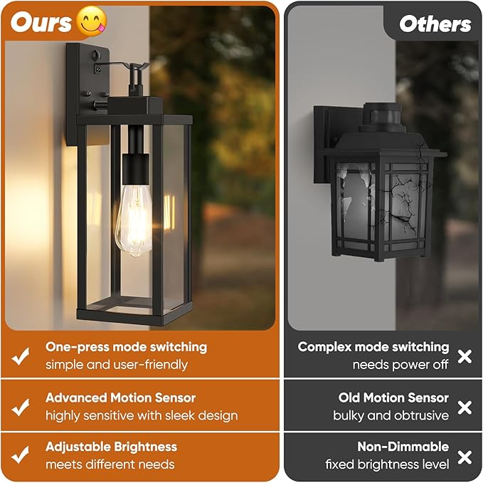 BesLowe 16” Upgraded Motion Sensor Outdoor Wall Lights, Dusk to Dawn Porch Lights Outdoor Wall Sconces, 3 Lighting Modes Exterior Lighting Fixtures with Hooks, Black Outside Lights for House, 2-Pack