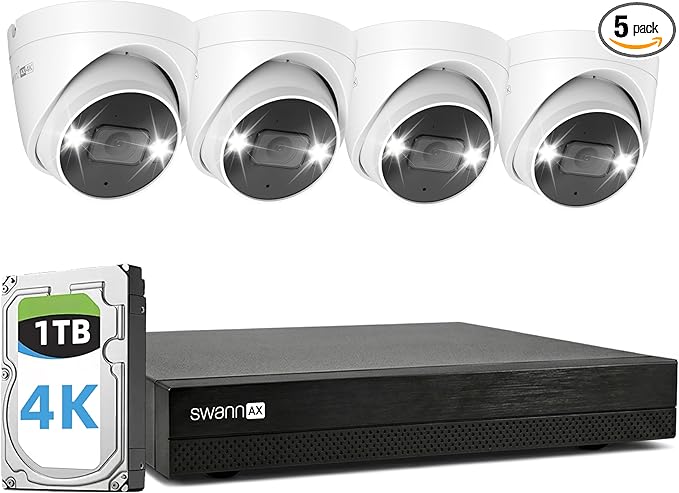 Swann AdvancedX™ 4K Wired NVR Security Camera System, 8 Channels, 4 Outdoor PoE Cameras, 1TB Hard Drive Storage, Color Night Vision, Video Analysis (4 Dome Cameras 8 Channel NVR 4K 1TB HDD)