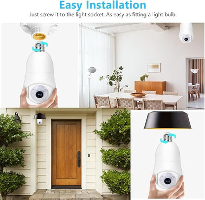 Light Bulb Security Camera, 2K Night Vision Smartphone APP Control 360° Pan Tilt, 2.4GHz WiFi, 24/7 Motion Tracking, 2-Way Talk, SD/Cloud Storage, Wireless Indoor Home Security Camera 2 Pack