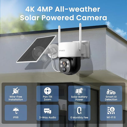 xmartO Solar/Battery-Powered Wire-Free PTZ Home Security Camera Wireless Outdoor/Indoor CCTV Surveillance (Non-Stop Solar Power, Rechargeable Battery, Floodlights, SD/NVR/Cloud)