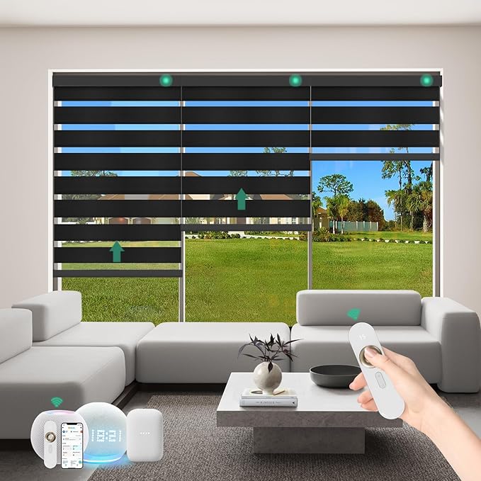 Motorized Zebra Blinds with Remote [Dual Layer + Light Filtering] 95% Blackout Smart Shades for Indoor Windows, Alexa Google and HomeKit Compatible, Customized Size, Equinox Midnight