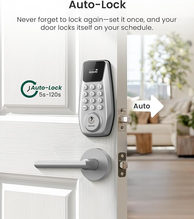 DESLOC C100 Keyless Entry Door Lock with 2 Lever Handles, Smart Deadbolt Lock for Front Door with 2 Keys, Auto Lock, 100 PIN Codes, Passage Mode, IP54 Waterproof, 12 Months Battery,Silver