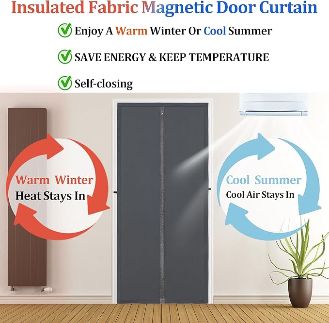 Magnetic Thermal Insulated Door Curtain,Thicker Layered Fabric&Full Strip Magnets,Temporary Doorway Cover Curtains, Self-Closing Privacy Magnetic Screen Door,Door Window Insulation kit for Winter