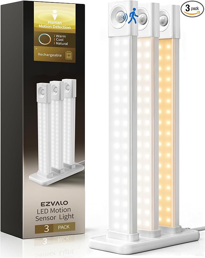EZVALO Under Cabinet Lighting with Charging Station, 11.8'' Motion Sensor Light Indoor, 1500mAh Rechargeable LED Light, 3 Color Temperatures, Dimmable Counter Lights for Kitchen, Closet, Stair (3Pack)