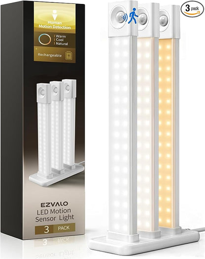 EZVALO Under Cabinet Lighting with Charging Station, 11.8'' Motion Sensor Light Indoor, 1500mAh Rechargeable LED Light, 3 Color Temperatures, Dimmable Counter Lights for Kitchen, Closet, Stair (3Pack)