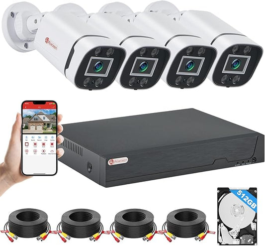 8CH H.265+ 3K Lite Wired CCTV Security Camera System with Human Vehicle Detection, 4X IP68 5MP Surveillance Camera for Indoor Outdoor, 512GB Hard Drive for 24-7 Recording, Remote Access