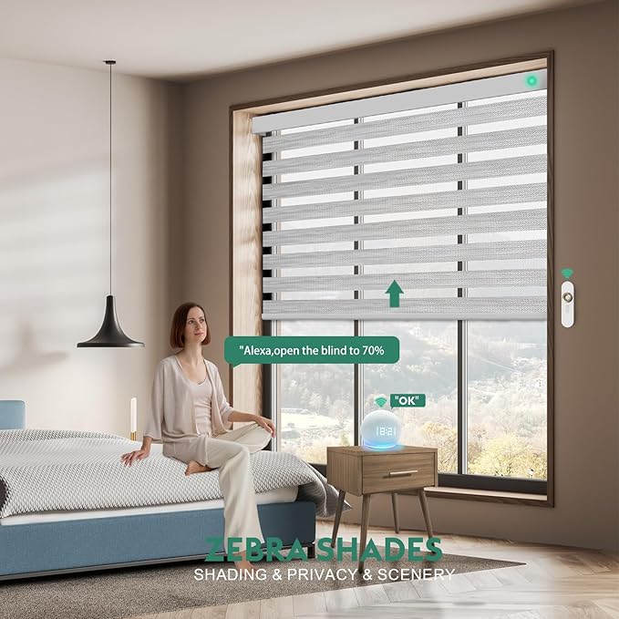 Motorized Zebra Blinds with Remote [Dual Layer + Light Filtering] 60% Blackout Smart Shades for Indoor Windows, Alexa Google and HomeKit Compatible, Customized Size, Woven Mist