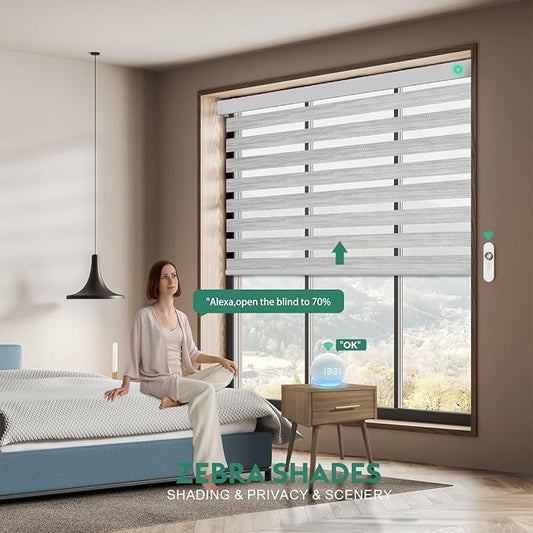 Motorized Zebra Blinds with Remote [Dual Layer + Light Filtering] 60% Blackout Smart Shades for Indoor Windows, Alexa Google and HomeKit Compatible, Customized Size, Woven Mist