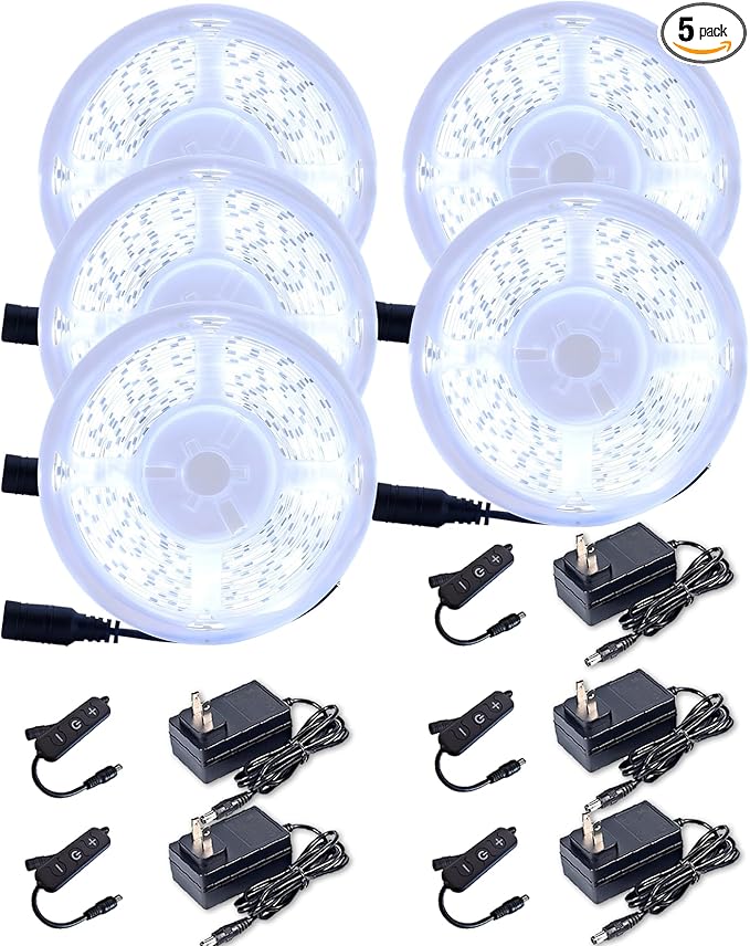 5 Set 10 FT White Led Strip Lights for Bedroom Dimmable 50 FT 900 LEDs Rope Light Flexible Super Bright White Tape Lights for Ceiling Room Home Decor Luces LEDs