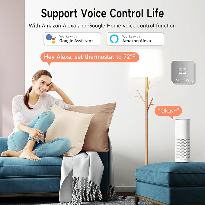 Smart Thermostats for Home, WiFi Thermostats Compatible with Alexa and Google Assistant,7day x 8period Programmable Control Tuya/Smart Life, Energy Saving, C-Wire Require