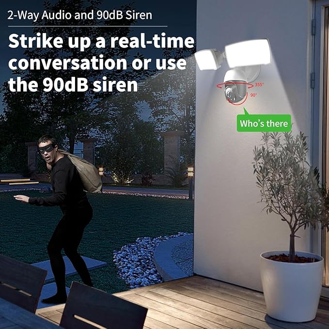 PTZ Security Camera with Floodlight, 360° Auto Tracking 1080P, 2500 Lumens, Color Night Vision, Weatherproof, 90dB Siren, Includes 64GB TF Card & Plug-in Adapter