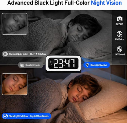 2K Alarm Clock with Camera for Home Security, 5G&2.4GHz WiFi Digital Clock Camera with Color Night Vision, AI Motion Detection, SD/Cloud Storage, Indoor Baby Pet Elderly Monitor