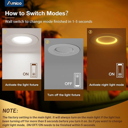 Amico 12 Pack 6 inch 5CCT LED Recessed Lighting with Night Light, 12.5W=100W, 1000LM Can Lights with Baffle Trim, Dimmable, Retrofit Downlight, 2700K/3000K/3500K/4000K/5000K Selectable - ETL & FCC