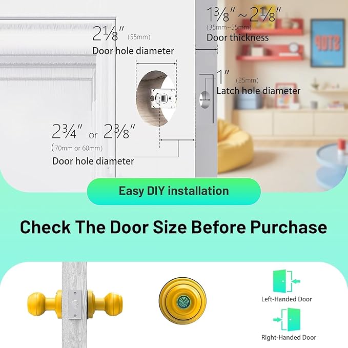 UMIKSMART Fingerprint Door Knob Lock, Smart Keyless Entry Door Knob with Tuya App Control & Auto-Lock, Backup Key, Easy Install for Home, Apartment, Office, Yellow