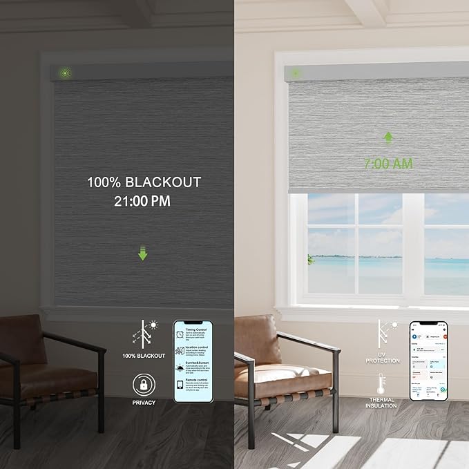 Motorized Blinds with Remote，100% Blackout Smart Blinds Motorized Roller Shades Compatible with Alexa Automatic Blinds for Windows Electric Window Blinds Customized Size Silver Gray