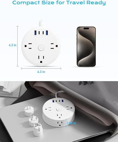 European Travel Plug Adapter, US to UK Europe Power Strip for EU/UK/US, 6 Outlets 4 USB Ports, 5ft Extension Cord, International Power Adapter for Travel Cruise Ship Home